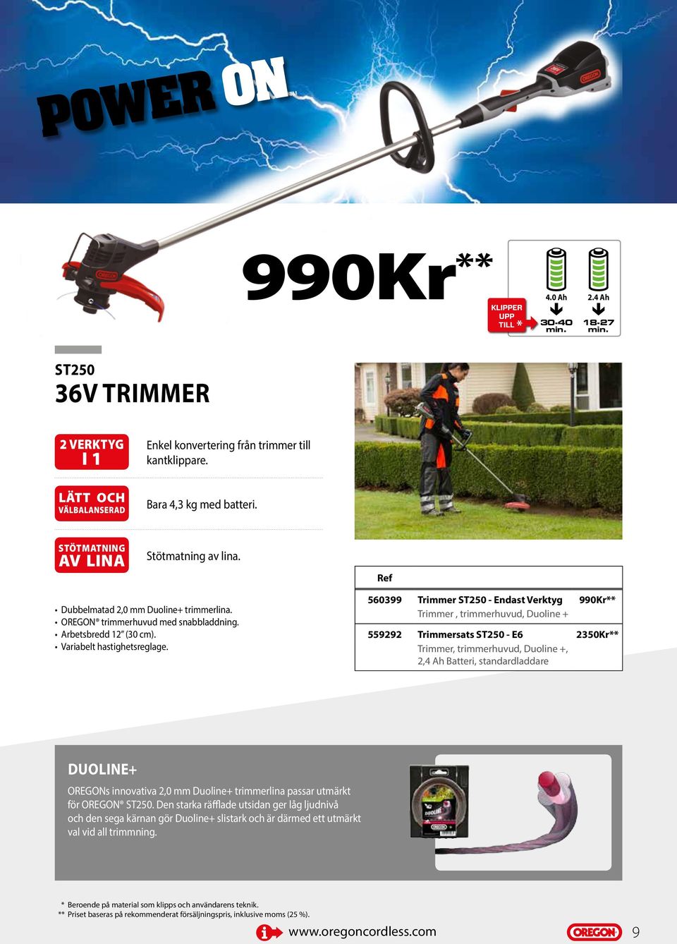 560399 Trimmer ST250 - Endast Verktyg 990Kr** Trimmer, trimmerhuvud, Duoline + 559292 Trimmersats ST250 - E6 2350Kr** Trimmer, trimmerhuvud, Duoline +, 2,4 Ah Batteri, standardladdare DUOLINE+