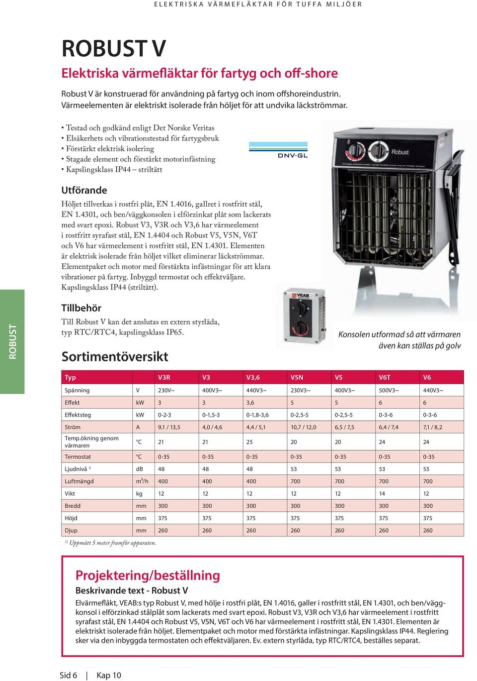 Testad och godkänd enligt Det Norske Veritas Elsäkerhets och vibrationstestad för fartygsbruk Förstärkt elektrisk isolering Stagade element och förstärkt motorinfästning Kapslingsklass IP44 striltätt