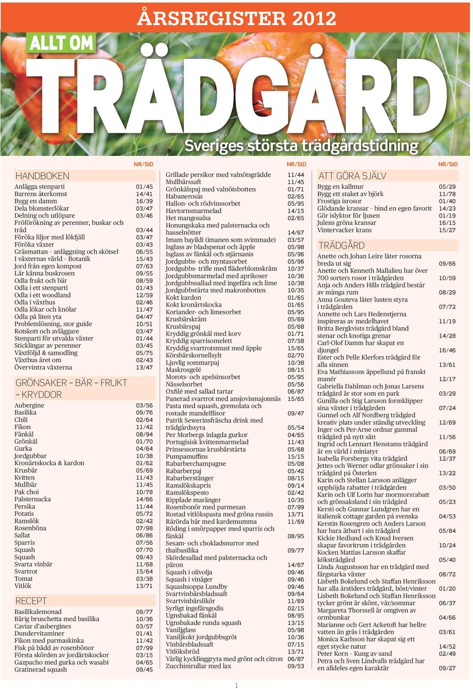 stenparti 01/43 Odla i ett woodland 12/59 Odla i växthus 02/46 Odla lökar och knölar 11/47 Odla på liten yta 04/47 Problemlösning, stor guide 10/51 Rotskott och avläggare 03/47 Stenparti för utvalda