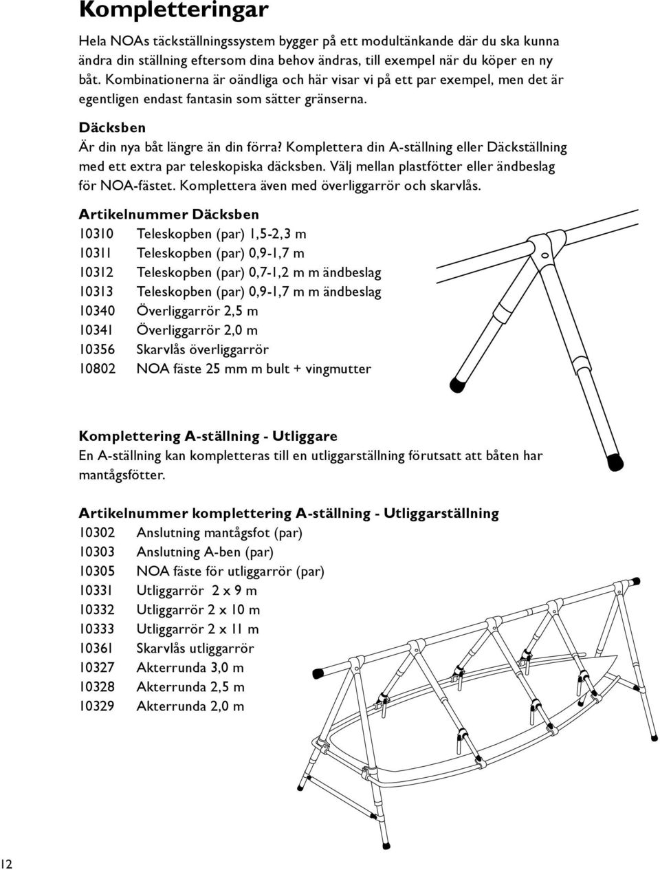Komplettera din A-ställning eller Däckställning med ett extra par teleskopiska däcksben. Välj mellan plastfötter eller ändbeslag för NOA-fästet. Komplettera även med överliggarrör och skarvlås.