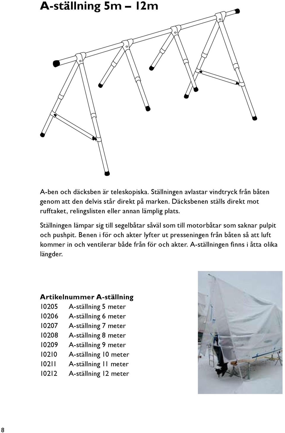 Benen i för och akter lyfter ut presseningen från båten så att luft kommer in och ventilerar både från för och akter. A-ställningen finns i åtta olika längder.