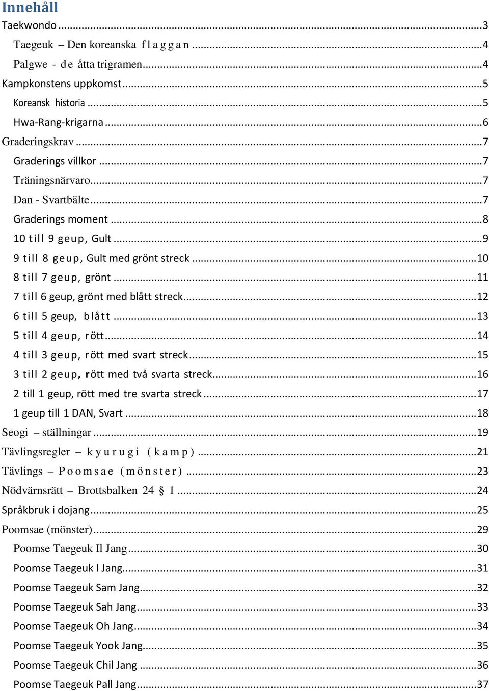 .. 11 7 till 6 geup, grönt med blått streck... 12 6 till 5 geup, blått... 13 5 till 4 geup, rött... 14 4 till 3 geup, rött med svart streck... 15 3 till 2 geup, rött med två svarta streck.