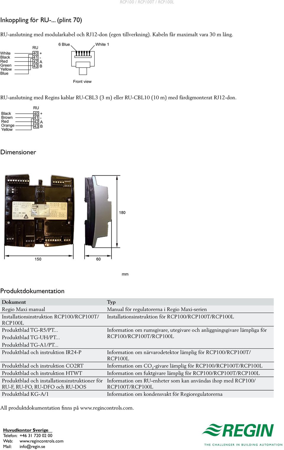 Black Brown Red Orange Yellow RU 40 + 41-42 A 43 B Dimensioner 180 150 60 mm Produktdokumentation Dokument Regio Maxi manual Installationsinstruktion RCP100/RCP100T/ RCP100L Produktblad TG-R5/PT.