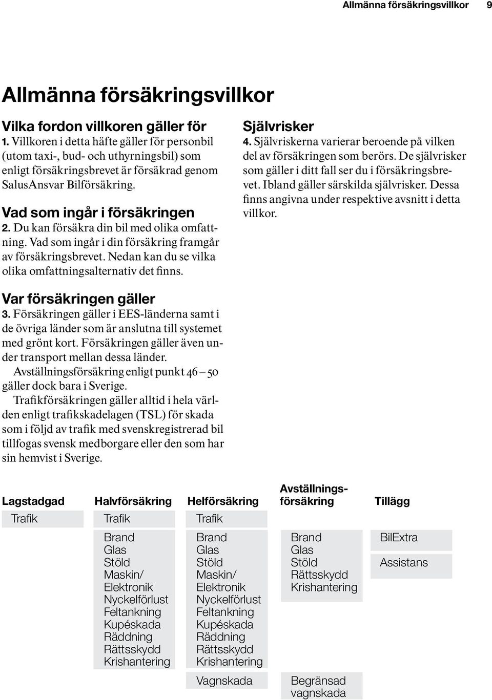 Du kan försäkra din bil med olika omfattning. Vad som ingår i din försäkring framgår av försäkringsbrevet. Nedan kan du se vilka olika omfattningsalternativ det finns. Självrisker 4.