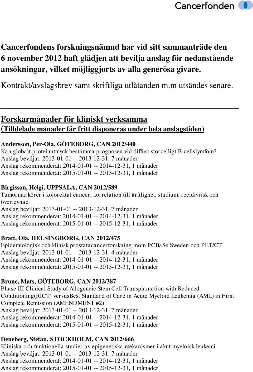 Forskarmånader för kliniskt verksamma (Tilldelade månader får fritt disponeras under hela anslagstiden) Andersson, Per-Ola, GÖTEBORG, CAN 2012/440 Kan globalt proteinuttryck bestämma prognosen vid