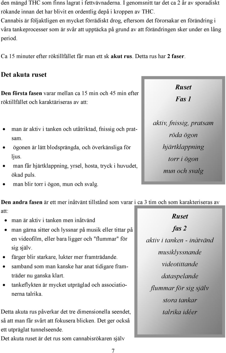 Ca 15 minuter efter röktillfället får man ett sk akut rus. Detta rus har 2 faser.