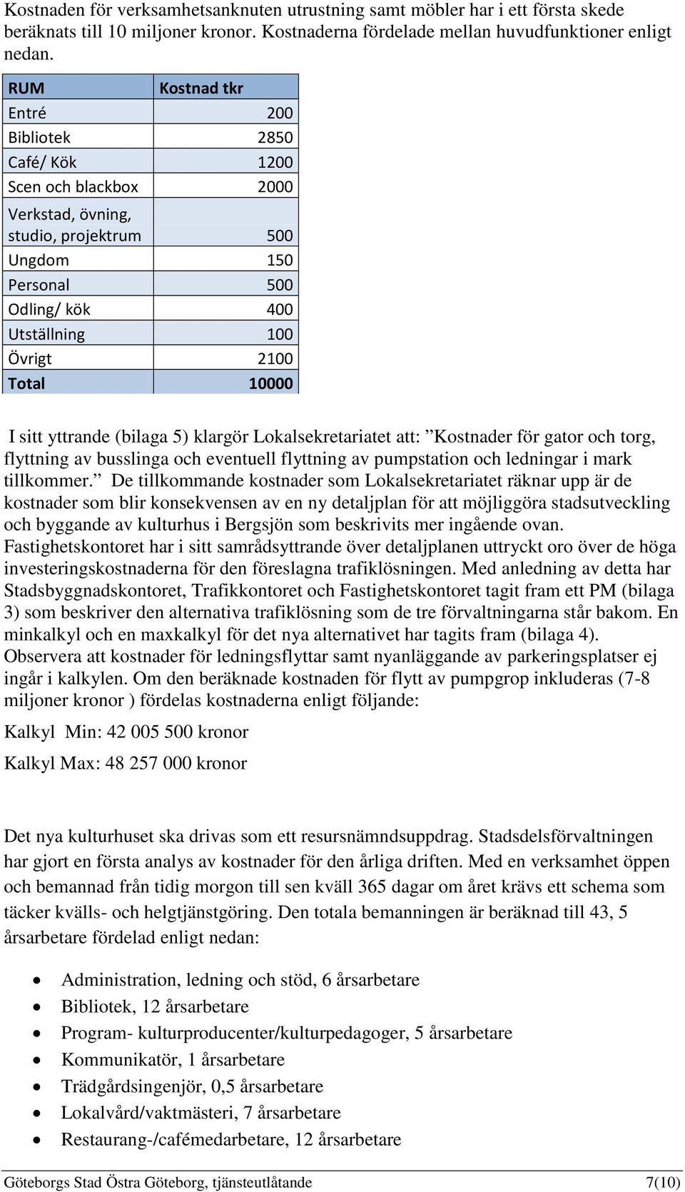 I sitt yttrande (bilaga 5) klargör Lokalsekretariatet att: Kostnader för gator och torg, flyttning av busslinga och eventuell flyttning av pumpstation och ledningar i mark tillkommer.