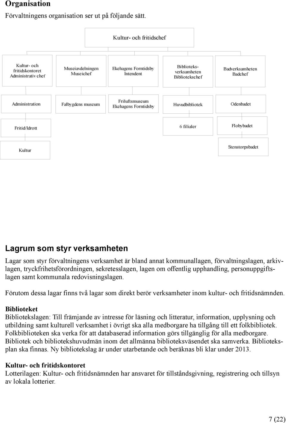 Administration Falbygdens museum Friluftsmuseum Ekehagens Forntidsby Huvudbibliotek Odenbadet Fritid/Idrott Kultur 6 filialer Flobybadet Stenstorpsbadet Lagrum som styr verksamheten Lagar som styr