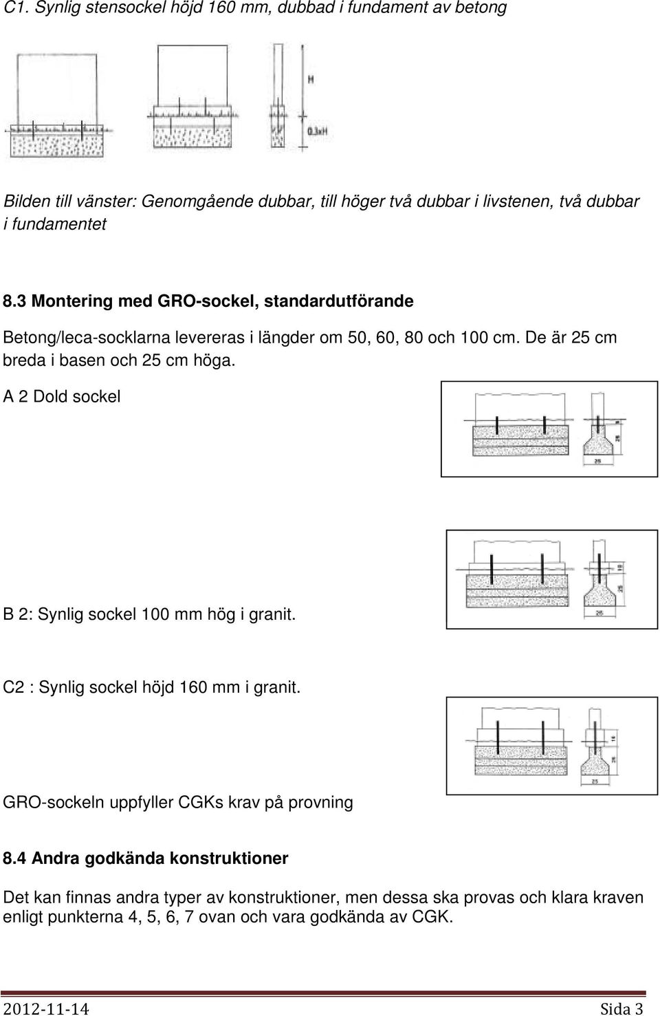 A 2 Dold sockel B 2: Synlig sockel 100 mm hög i granit. C2 : Synlig sockel höjd 160 mm i granit. GRO-sockeln uppfyller CGKs krav på provning 8.