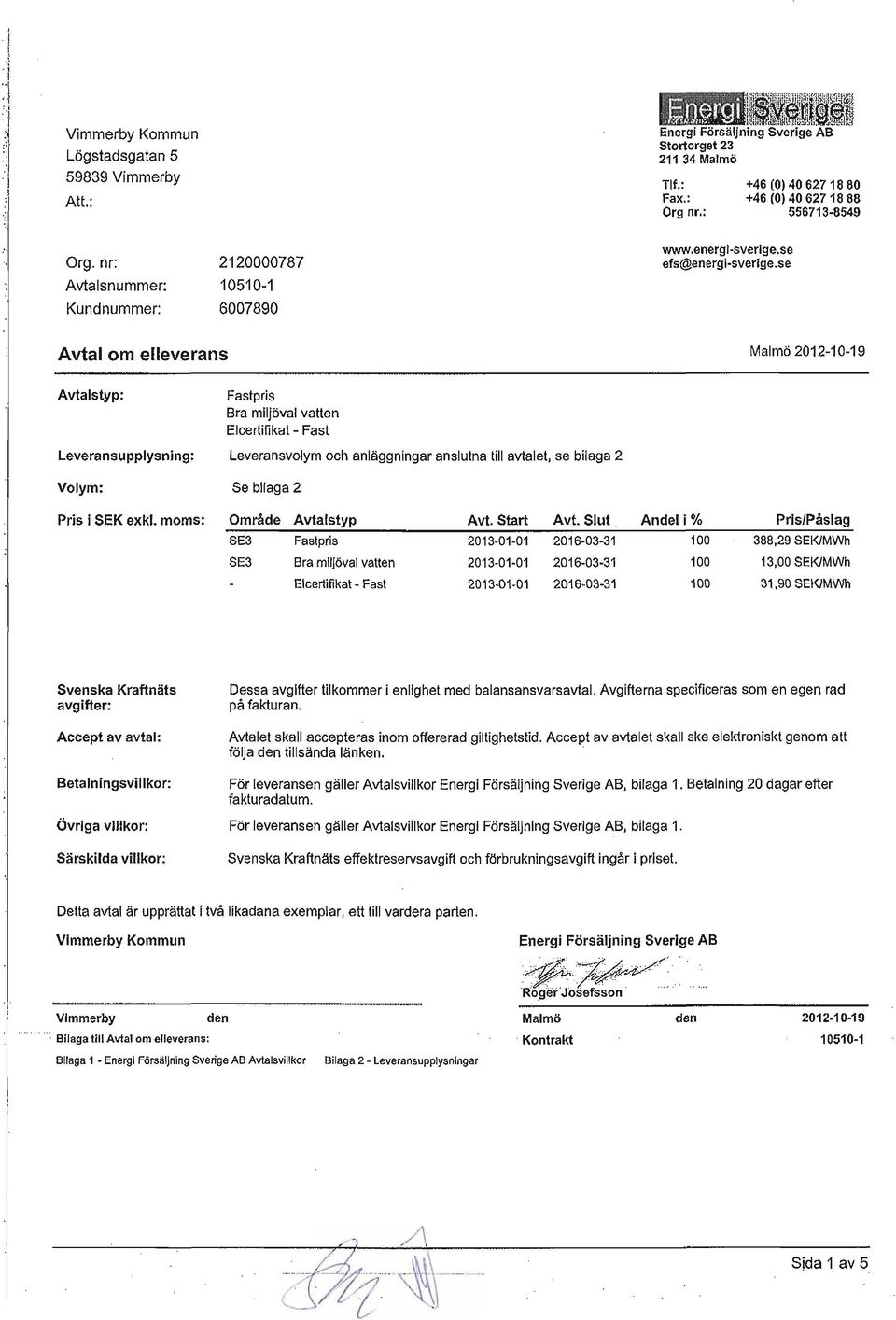 moms: Fastpris Bra miljöval vatten Elcertifikat - Fast Leveransvolym och anläggningar anslutna till avtalet, se bilaga 2 Se bilaga 2 Område Avtalstyp Avt. Start Avt.