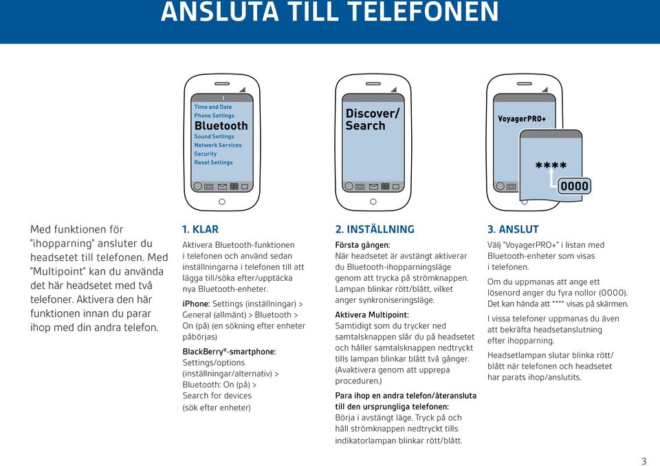 KLAR Aktivera Bluetooth-funktionen i telefonen och använd sedan inställningarna i telefonen till att lägga till/söka efter/upptäcka nya Bluetooth-enheter.