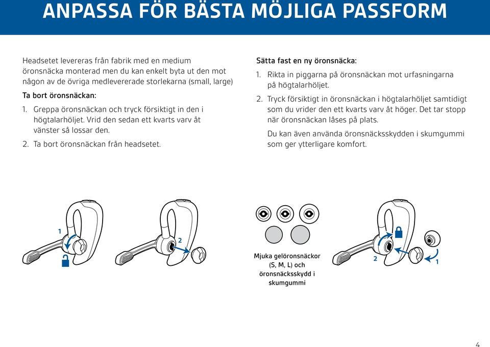 Sätta fast en ny öronsnäcka: 1. Rikta in piggarna på öronsnäckan mot urfasningarna på högtalarhöljet. 2.