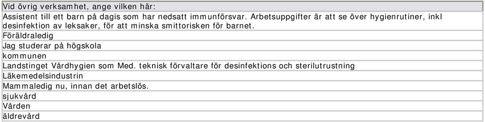 barnet. Föräldraledig Jag studerar på högskola kommunen Landstinget Vårdhygien som Med.