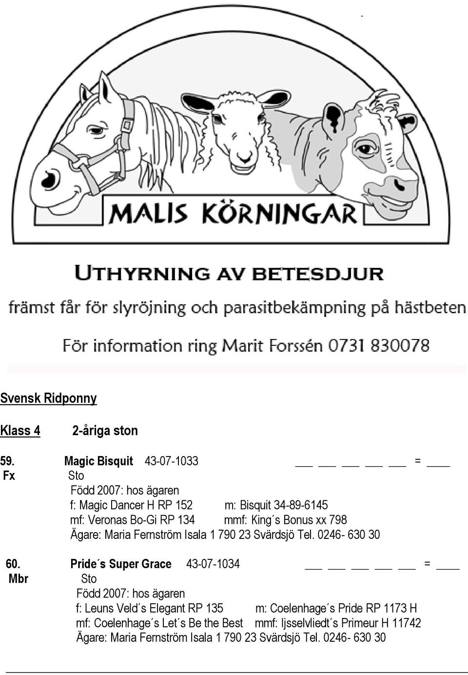 King s Bonus xx 798 Ägare: Maria Fernström Isala 1 790 23 Svärdsjö Tel. 0246-630 30 60.