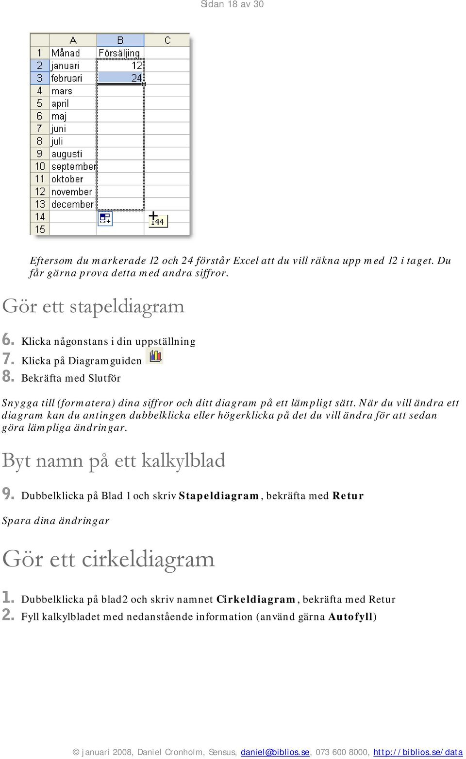 När du vill ändra ett diagram kan du antingen dubbelklicka eller högerklicka på det du vill ändra för att sedan göra lämpliga ändringar. Byt namn på ett kalkylblad 9.