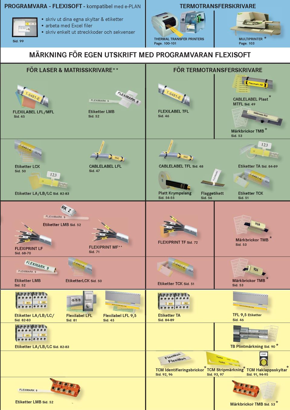 103 MÄRKNING FÖR EGEN UTSKRIFT MED PROGRAMVARAN FLEXISOFT * FÖR LASER & MATRISSKRIVARE** FÖR TERMOTRANSFERSKRIVARE CABLELABEL Plast MTFL Sid. 49 * FLEXILABEL LFL/MFL Sid. 45 Etiketter LMB Sid.