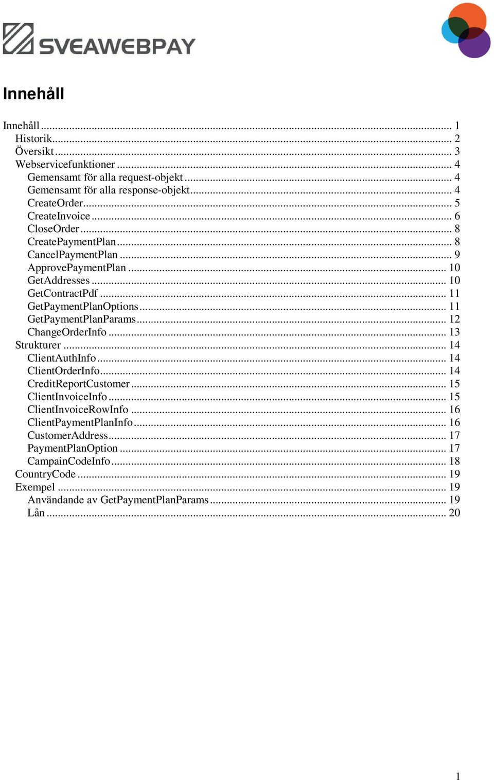 .. 11 GetPaymentPlanParams... 12 ChangeOrderInfo... 13 Strukturer... 14 ClientAuthInfo... 14 ClientOrderInfo... 14 CreditReportCustomer... 15 ClientInvoiceInfo.