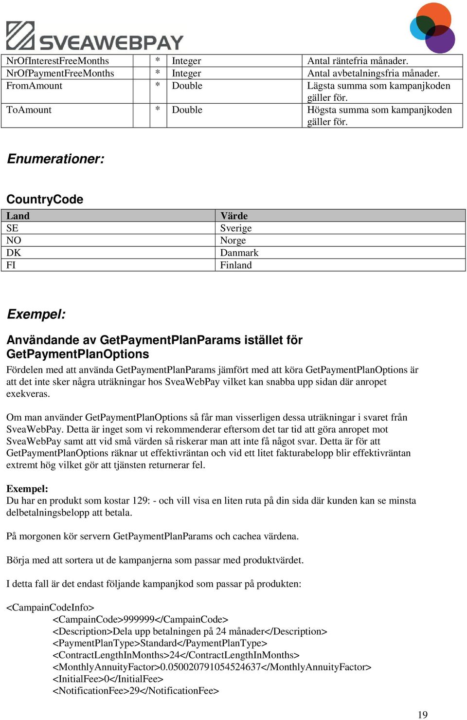 Enumerationer: CountryCode Land SE NO DK FI Värde Sverige Norge Danmark Finland Exempel: Användande av GetPaymentPlanParams istället för GetPaymentPlanOptions Fördelen med att använda