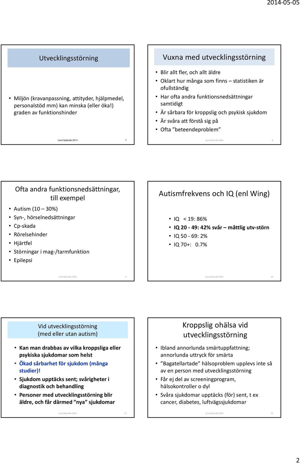 sårbara för kroppslig och psykisk sjukdom Är svåra att förstå sig på Ofta beteendeproblem Lena Nylander 2014 7 Lena Nylander 2014 8 Ofta andra funktionsnedsättningar, till exempel Autism (10 30%)