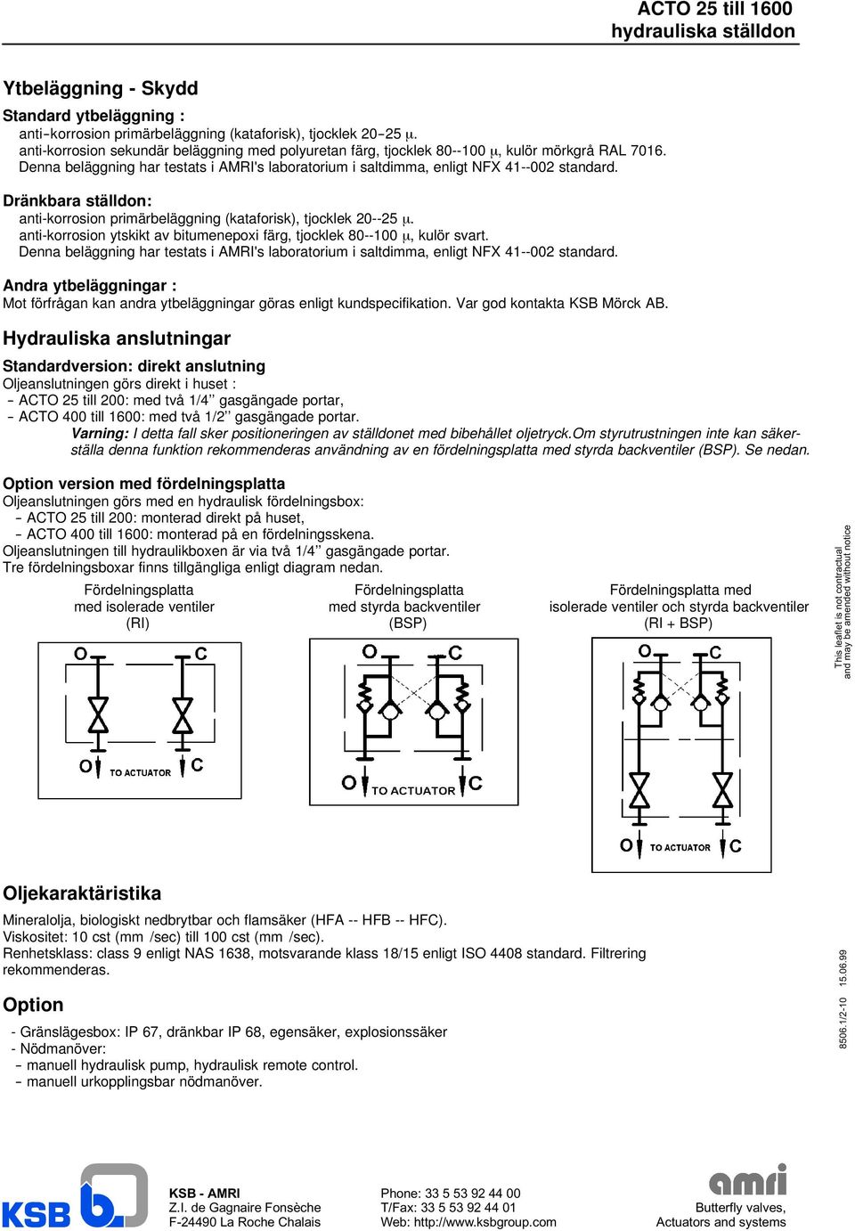 Dränkbara ställdon: D anti-korrosion primärbeläggning (kataforisk), tjocklek 20--25. D anti-korrosion ytskikt av bitumenepoxi färg, tjocklek 80--100, kulör svart.