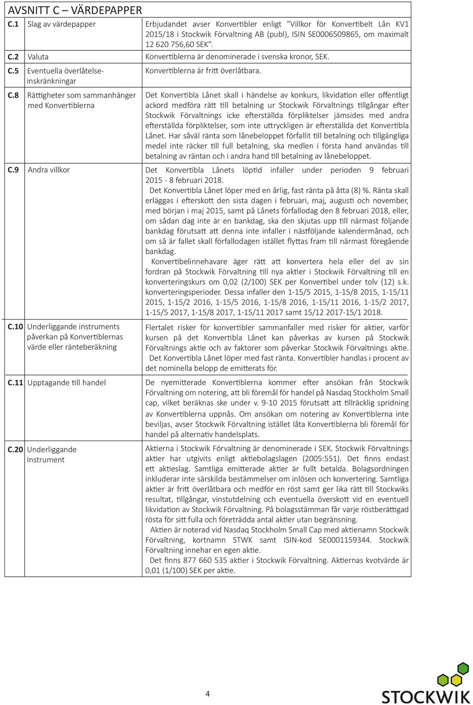 Konvertiblerna är denominerade i svenska kronor, SEK. C.5 Eventuella överlåtelseinskränkningar Konvertiblerna är fritt överlåtbara. C.8 Rättigheter som sammanhänger med Konvertiblerna C.