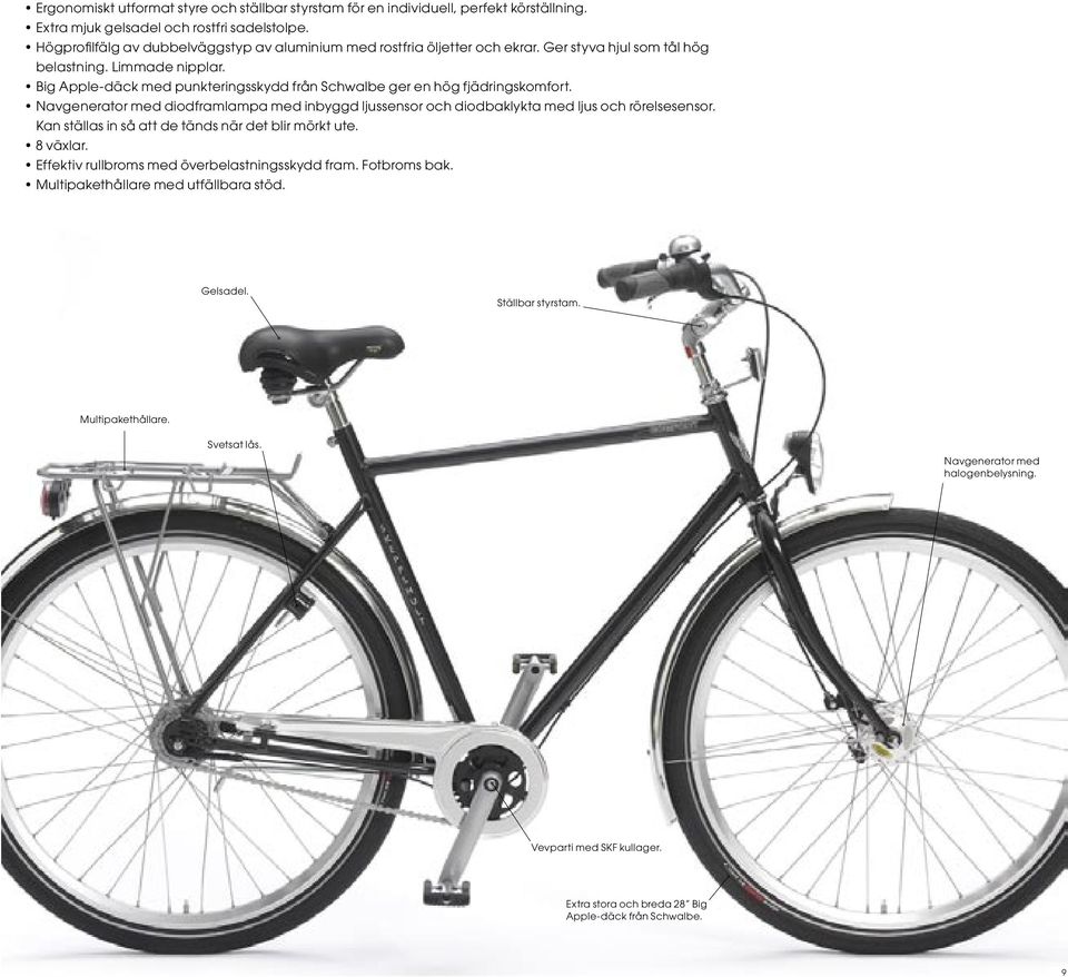 Big Apple-däck med punkteringsskydd från Schwalbe ger en hög fjädringskomfort. Navgenerator med diodframlampa med inbyggd ljussensor och diodbaklykta med ljus och rörelsesensor.