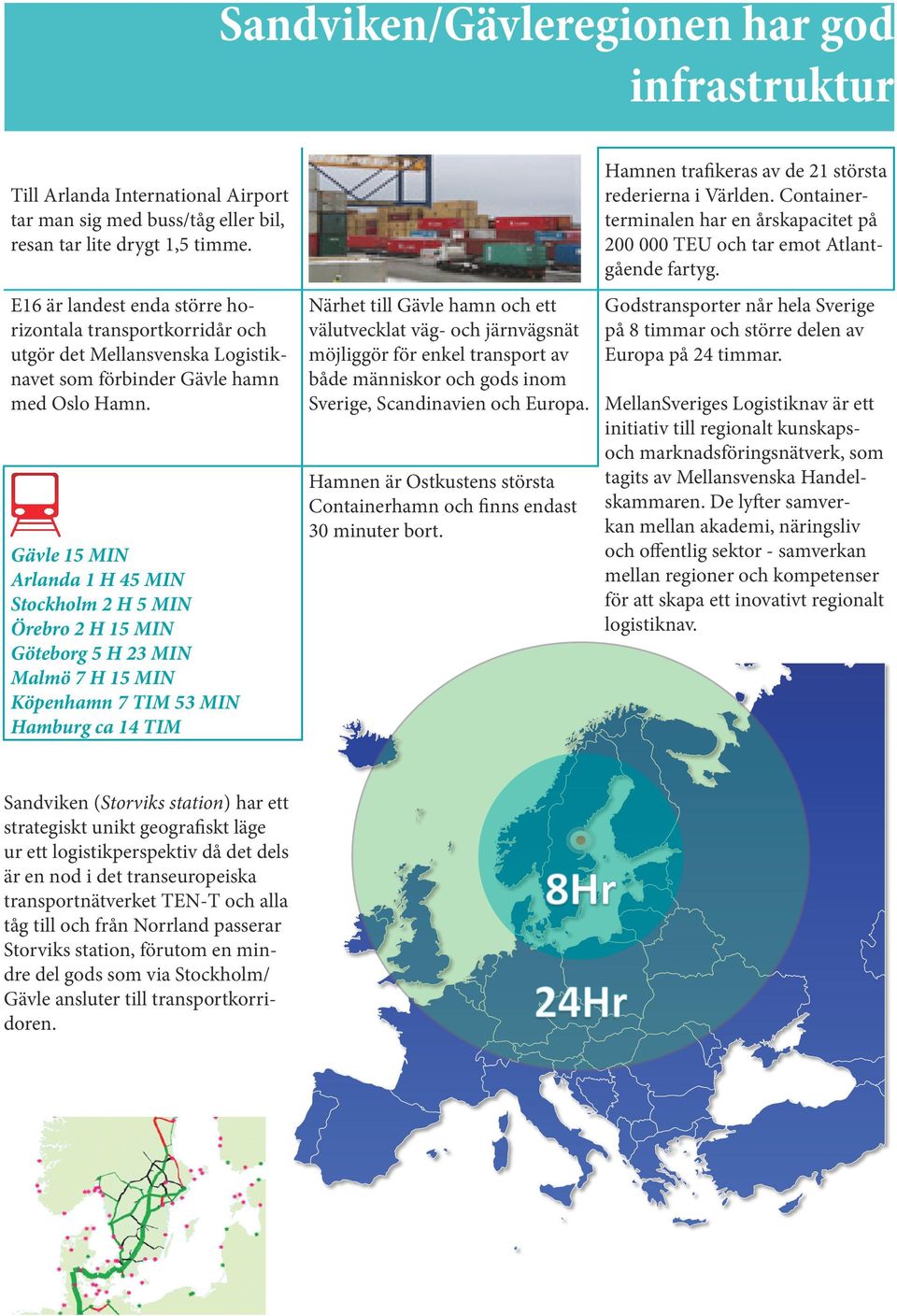 Gävle 15 MIN Arlanda 1 H 45 MIN Stockholm 2 H 5 MIN Örebro 2 H 15 MIN Göteborg 5 H 23 MIN Malmö 7 H 15 MIN Köpenhamn 7 TIM 53 MIN Hamburg ca 14 TIM Närhet till Gävle hamn och ett välutvecklat väg-