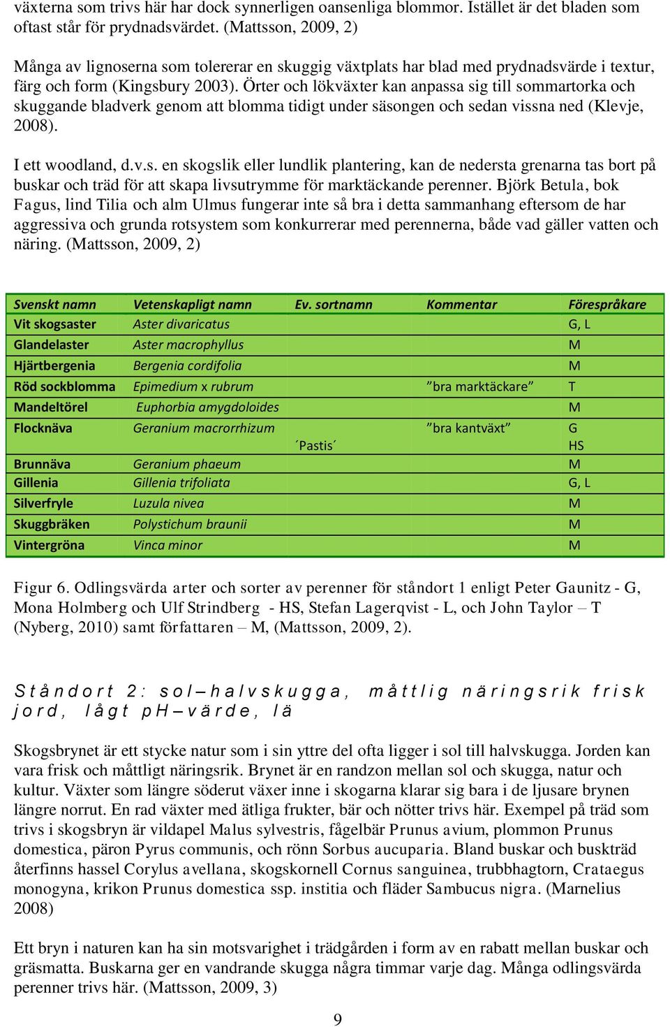 Örter och lökväxter kan anpassa sig till sommartorka och skuggande bladverk genom att blomma tidigt under säsongen och sedan vissna ned (Klevje, 2008). I ett woodland, d.v.s. en skogslik eller lundlik plantering, kan de nedersta grenarna tas bort på buskar och träd för att skapa livsutrymme för marktäckande perenner.