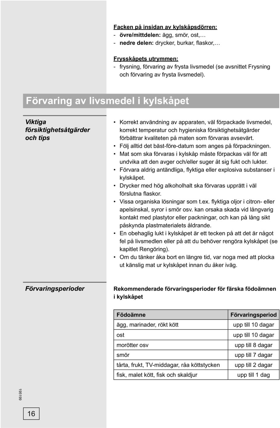 Förvaring av livsmedel i kylskåpet Viktiga försiktighetsåtgärder och tips Korrekt användning av apparaten, väl förpackade livsmedel, korrekt temperatur och hygieniska försiktighetsåtgärder förbättrar