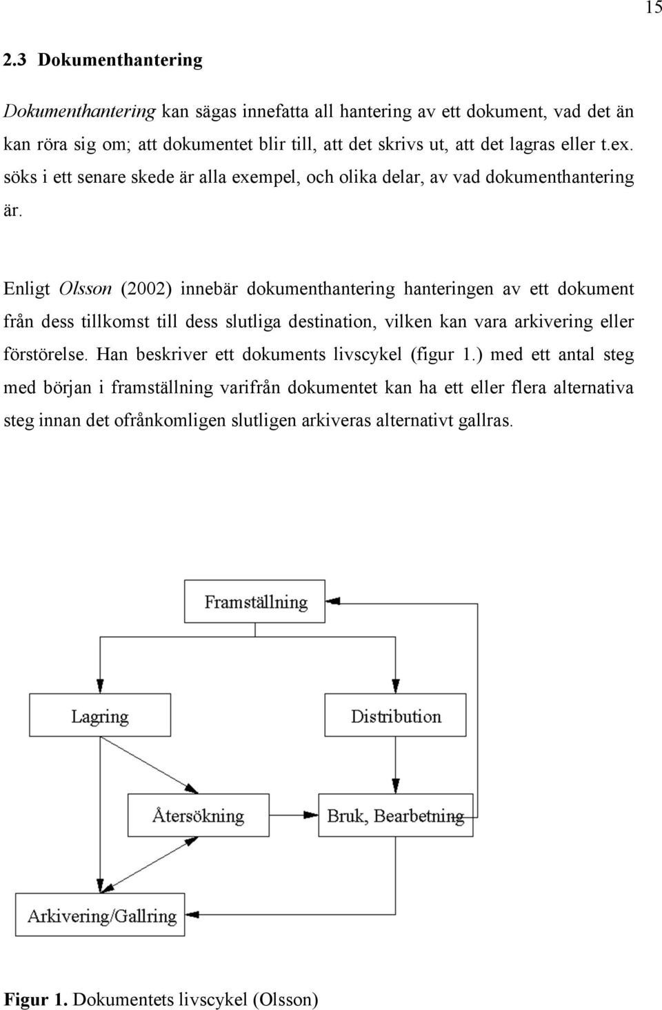 Enligt Olsson (2002) innebär dokumenthantering hanteringen av ett dokument från dess tillkomst till dess slutliga destination, vilken kan vara arkivering eller förstörelse.