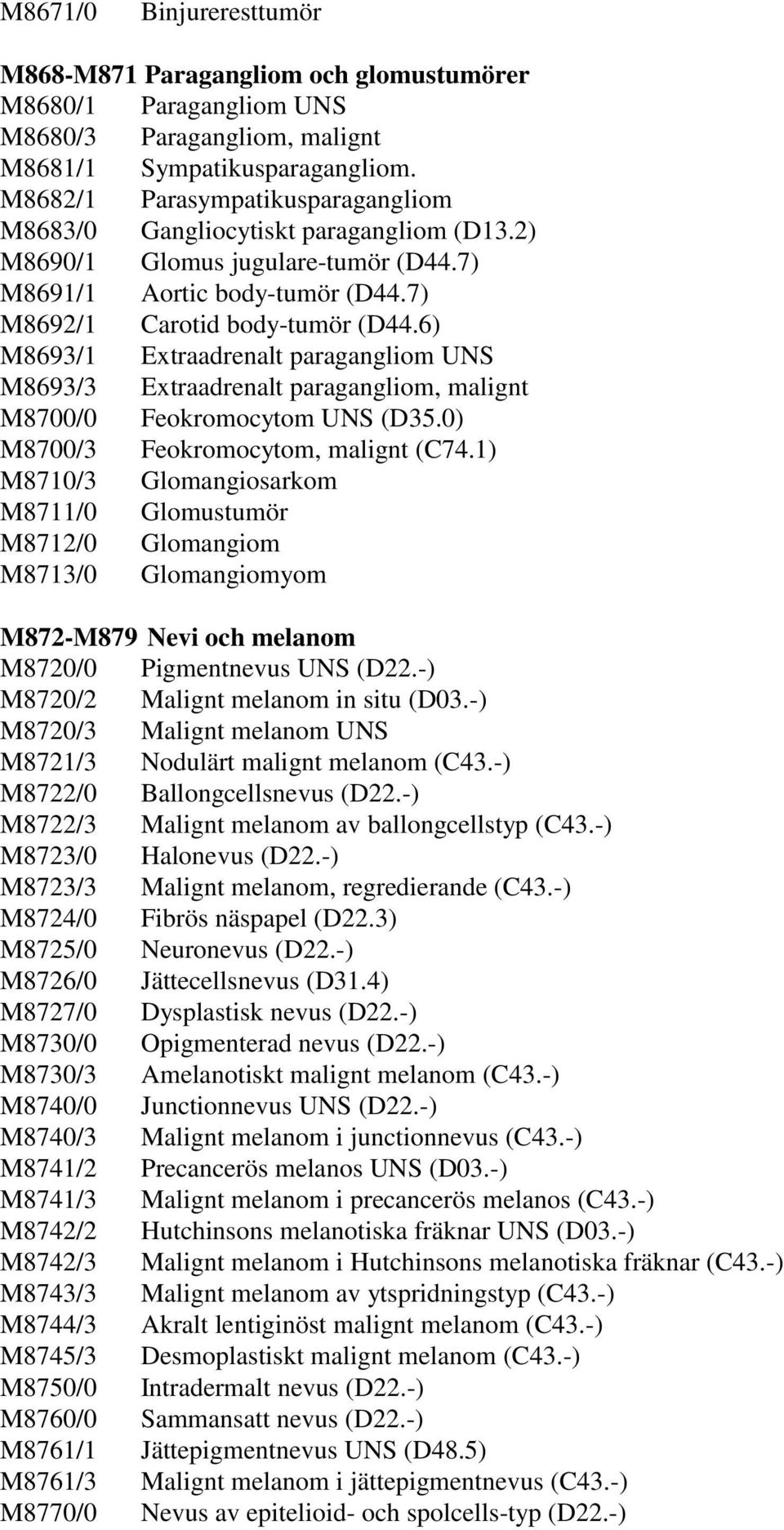 6) M8693/1 Extraadrenalt paragangliom UNS M8693/3 Extraadrenalt paragangliom, malignt M8700/0 Feokromocytom UNS (D35.0) M8700/3 Feokromocytom, malignt (C74.