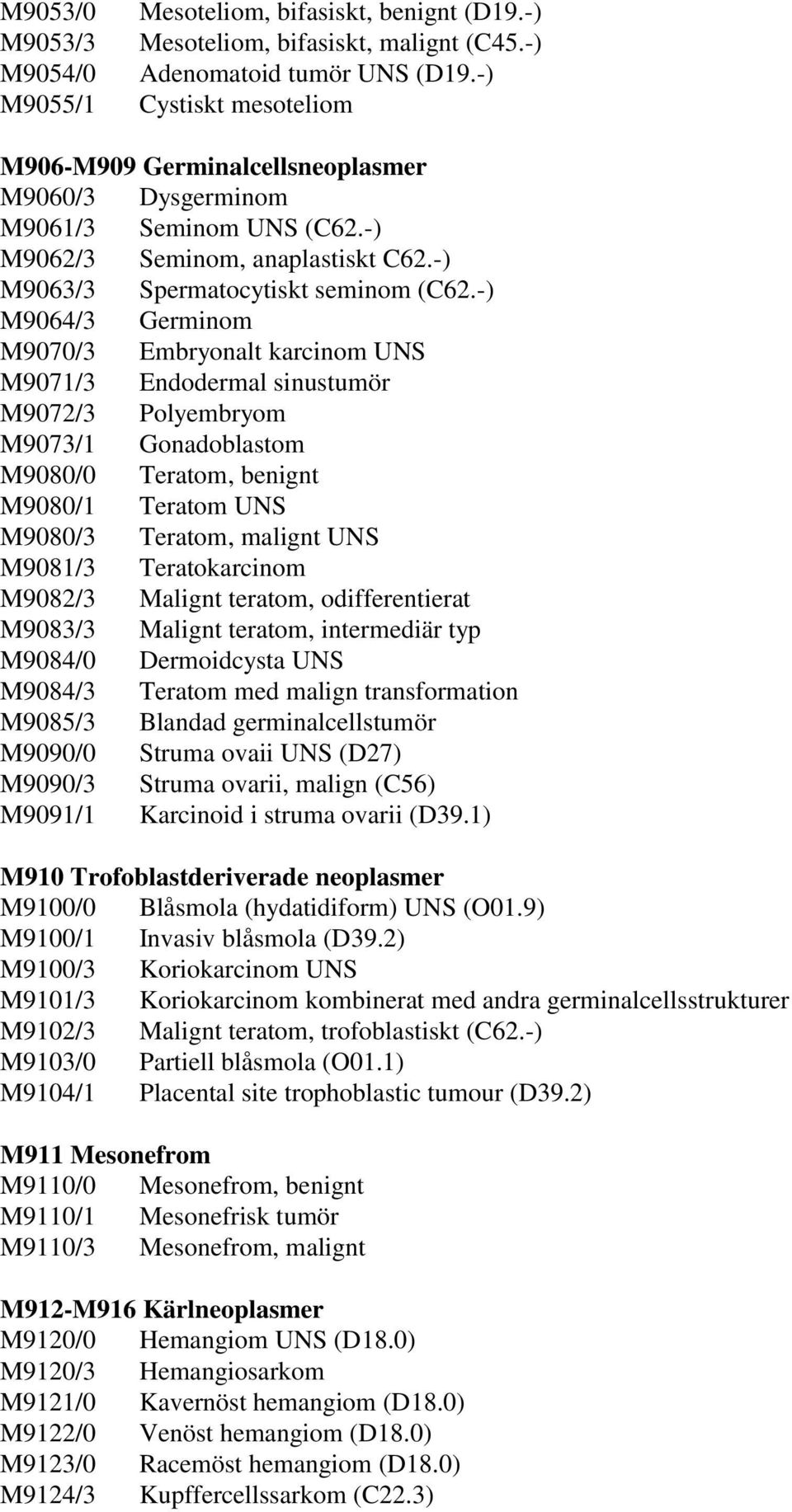 -) M9064/3 Germinom M9070/3 Embryonalt karcinom UNS M9071/3 Endodermal sinustumör M9072/3 Polyembryom M9073/1 Gonadoblastom M9080/0 Teratom, benignt M9080/1 Teratom UNS M9080/3 Teratom, malignt UNS