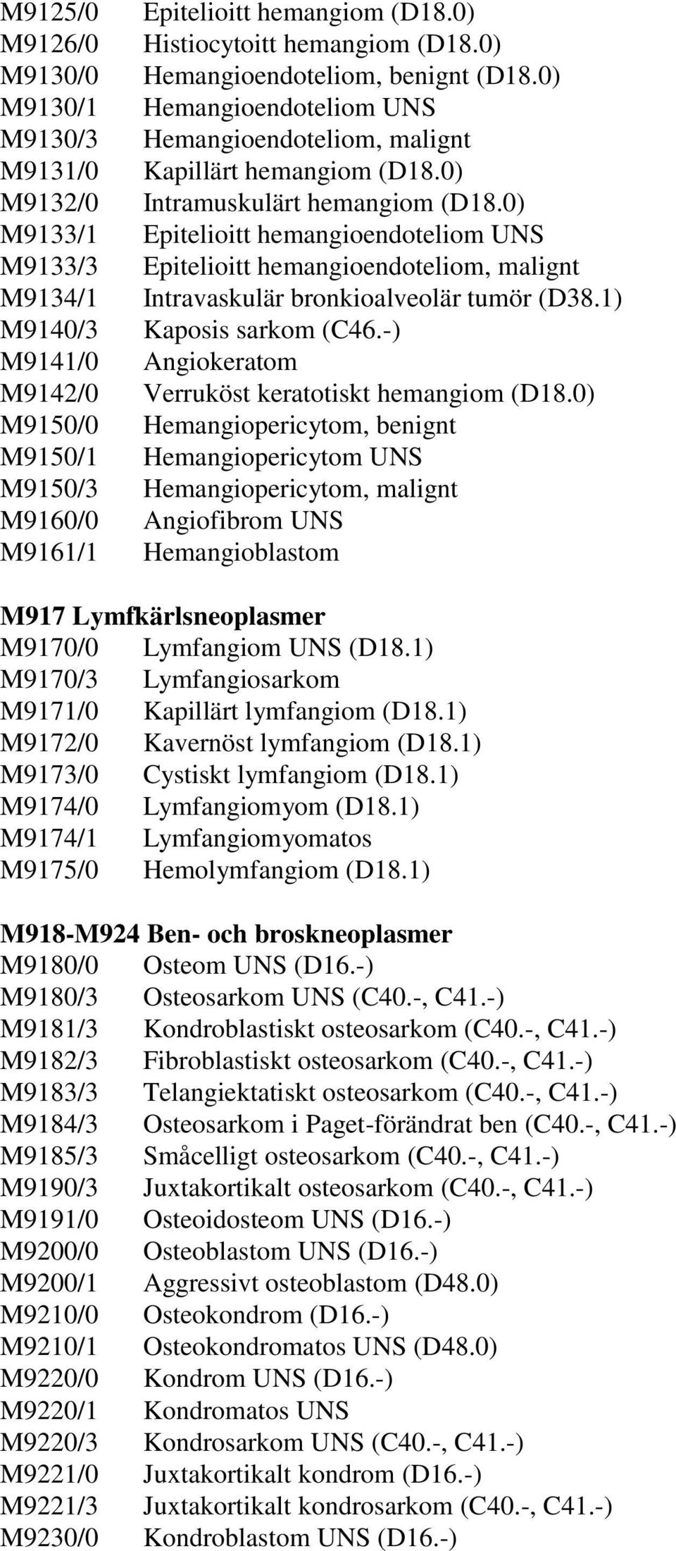 0) M9133/1 Epitelioitt hemangioendoteliom UNS M9133/3 Epitelioitt hemangioendoteliom, malignt M9134/1 Intravaskulär bronkioalveolär tumör (D38.1) M9140/3 Kaposis sarkom (C46.