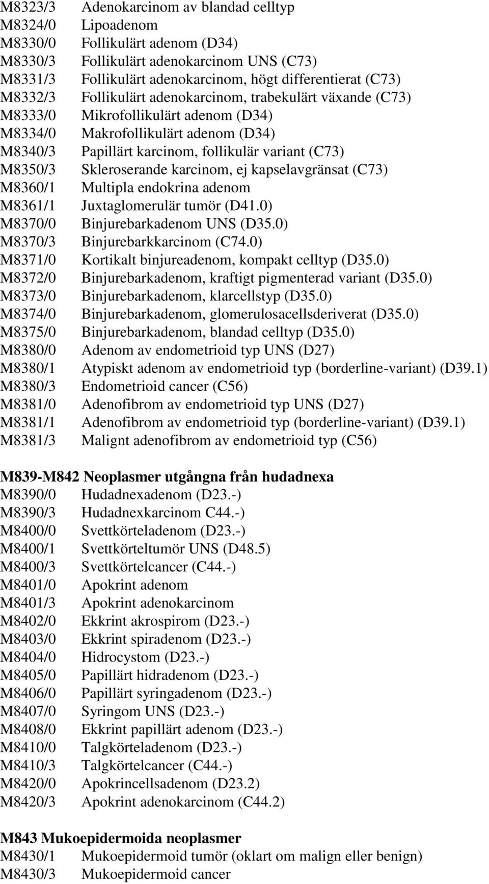 Skleroserande karcinom, ej kapselavgränsat (C73) M8360/1 Multipla endokrina adenom M8361/1 Juxtaglomerulär tumör (D41.0) M8370/0 Binjurebarkadenom UNS (D35.0) M8370/3 Binjurebarkkarcinom (C74.