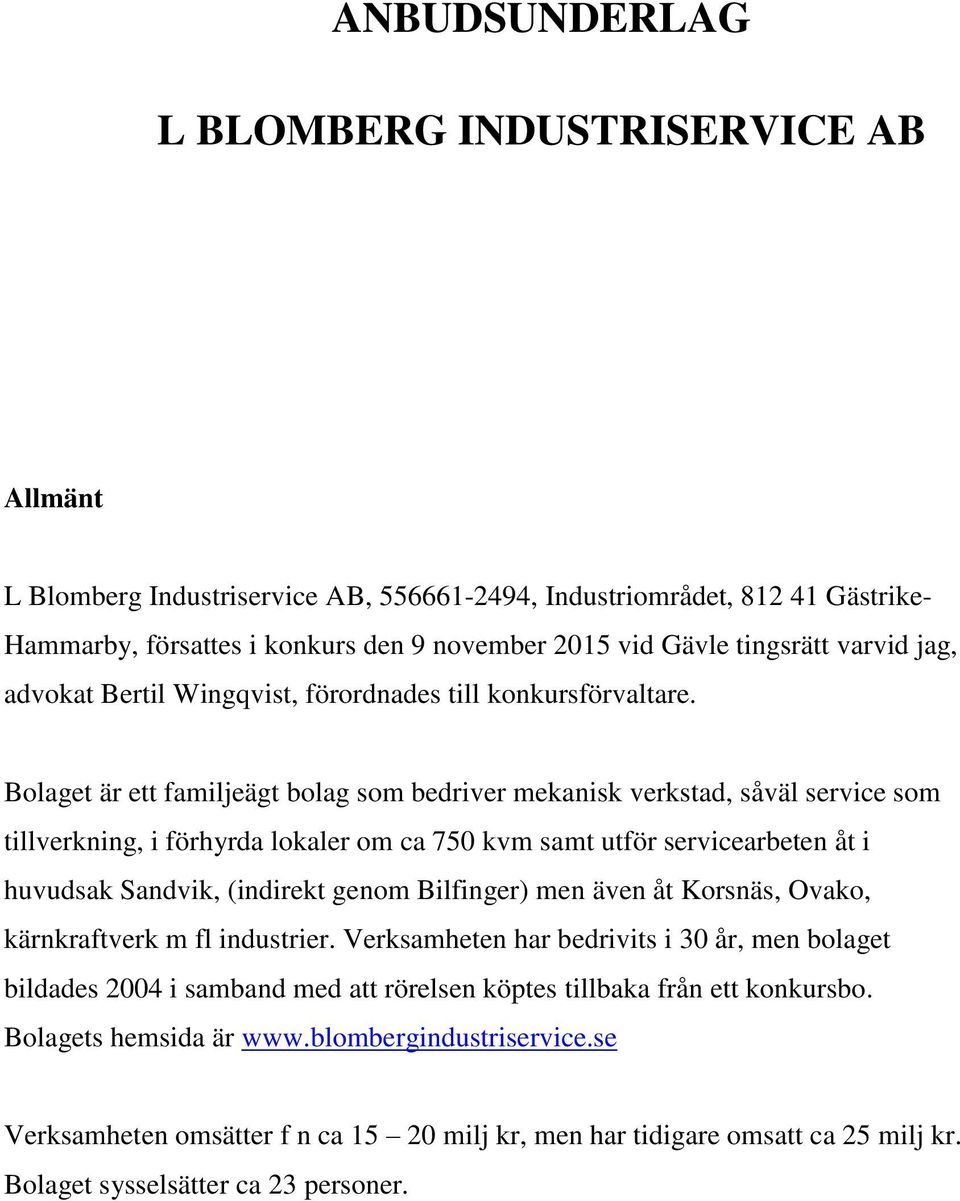 Bolaget är ett familjeägt bolag som bedriver mekanisk verkstad, såväl service som tillverkning, i förhyrda lokaler om ca 750 kvm samt utför servicearbeten åt i huvudsak Sandvik, (indirekt genom