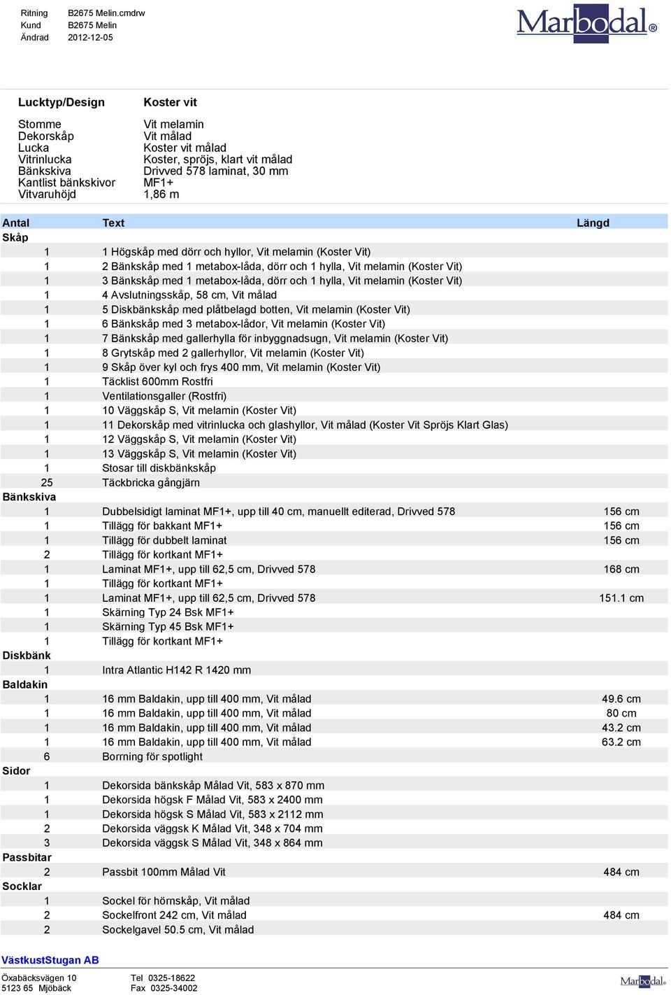 laminat, 30 mm 1,86 m Antal Text Längd Skåp 1 1 Högskåp med dörr och hyllor, Vit melamin (Koster Vit) 1 2 Bänkskåp med 1 metabox-låda, dörr och 1 hylla, Vit melamin (Koster Vit) 1 3 Bänkskåp med 1