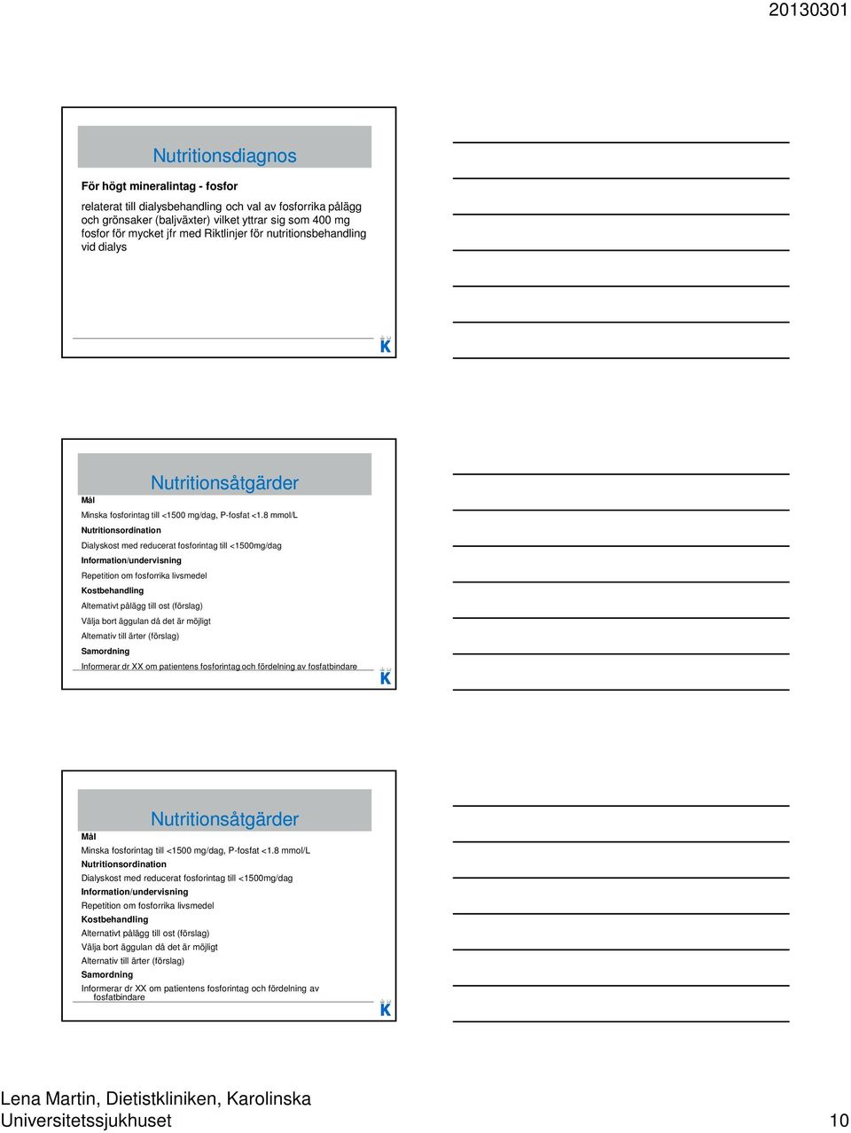8 mmol/l Nutritionsordination Dialyskost med reducerat fosforintag till <1500mg/dag Information/undervisning Repetition om fosforrika livsmedel Kostbehandling Alternativt pålägg till ost (förslag)