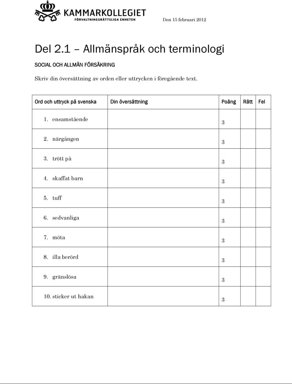 Ord och uttryck på svenska Din översättning Poäng Rätt Fel 1.