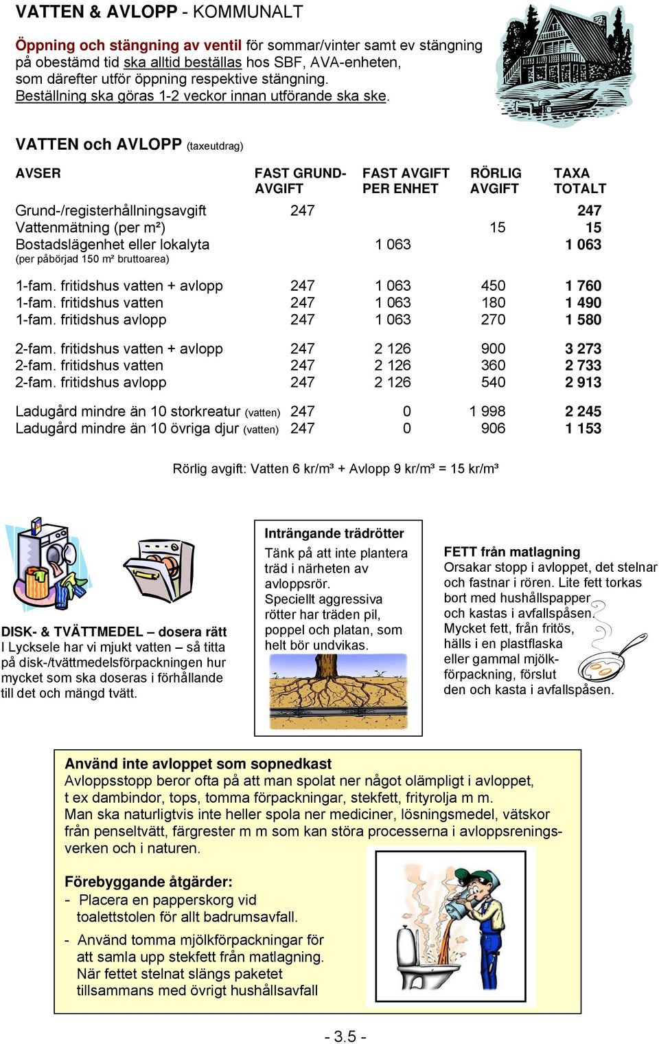 VATTEN och AVLOPP (taxeutdrag) AVSER FAST GRUND- FAST AVGIFT RÖRLIG TAXA AVGIFT PER ENHET AVGIFT TOTALT Grund-/registerhållningsavgift 247 247 Vattenmätning (per m²) 15 15 Bostadslägenhet eller