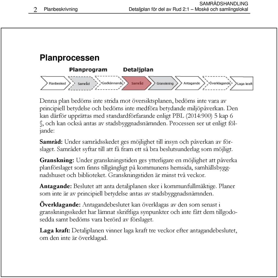 Processen ser ut enligt följande: Samråd: Under samrådsskedet ges möjlighet till insyn och påverkan av förslaget. Samrådet syftar till att få fram ett så bra beslutsunderlag som möjligt.