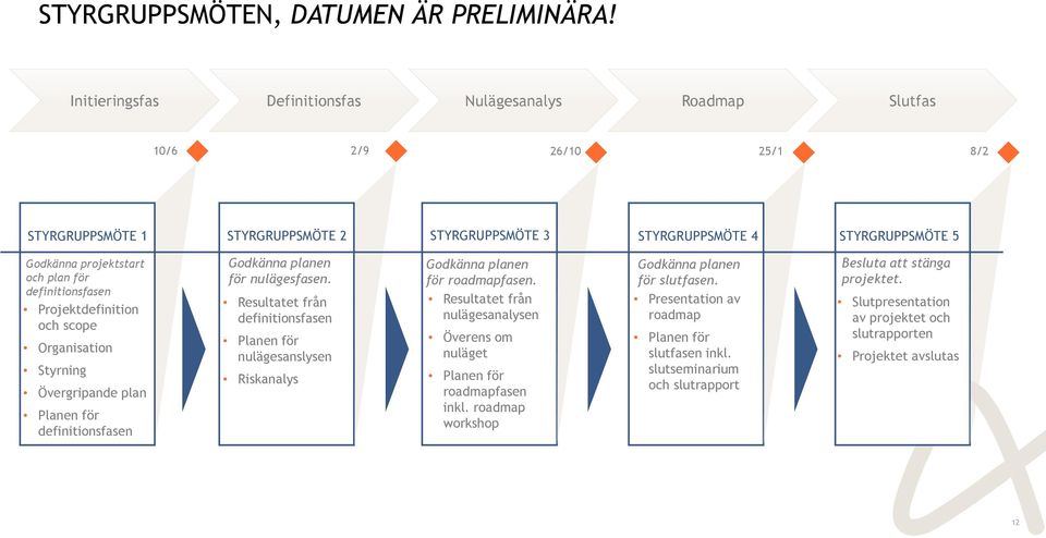 för definitionsfasen Projektdefinition och scope Organisation Styrning Övergripande plan Planen för definitionsfasen Godkänna planen för nulägesfasen.