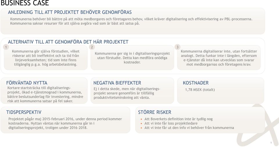 ALTERNATIV TILL ATT GENOMFÖRA DET HÄR PROJEKTET 1 2 3 Kommunerna gör själva förstudien, vilket Kommunerna ger sig in i digitaliseringsprojekt riskerar att bli ineffektivt och ta tid från utan