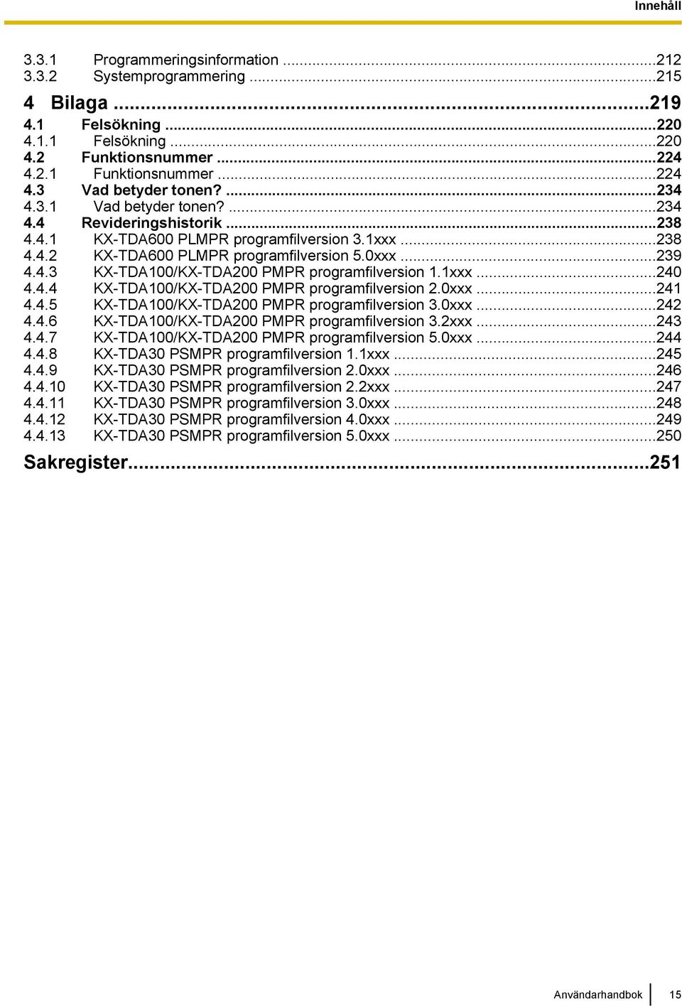 1xxx...240 4.4.4 KX-TDA100/KX-TDA200 PMPR programfilversion 2.0xxx...241 4.4.5 KX-TDA100/KX-TDA200 PMPR programfilversion 3.0xxx...242 4.4.6 KX-TDA100/KX-TDA200 PMPR programfilversion 3.2xxx...243 4.