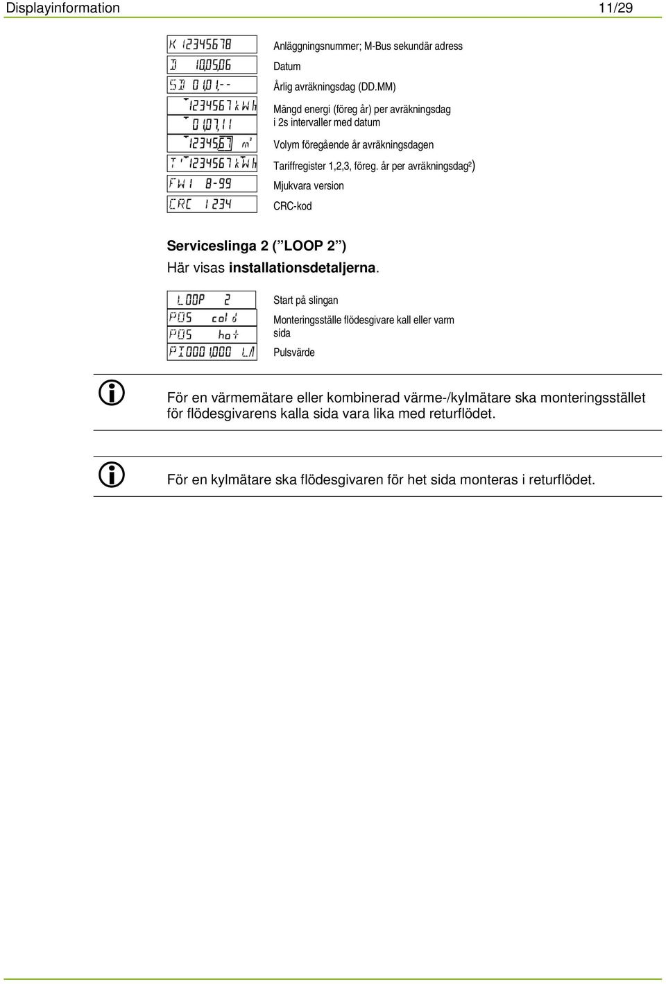 år per avräkningsdag²) Mjukvara version CRC-kod Serviceslinga 2 ( LOOP 2 ) Här visas installationsdetaljerna.