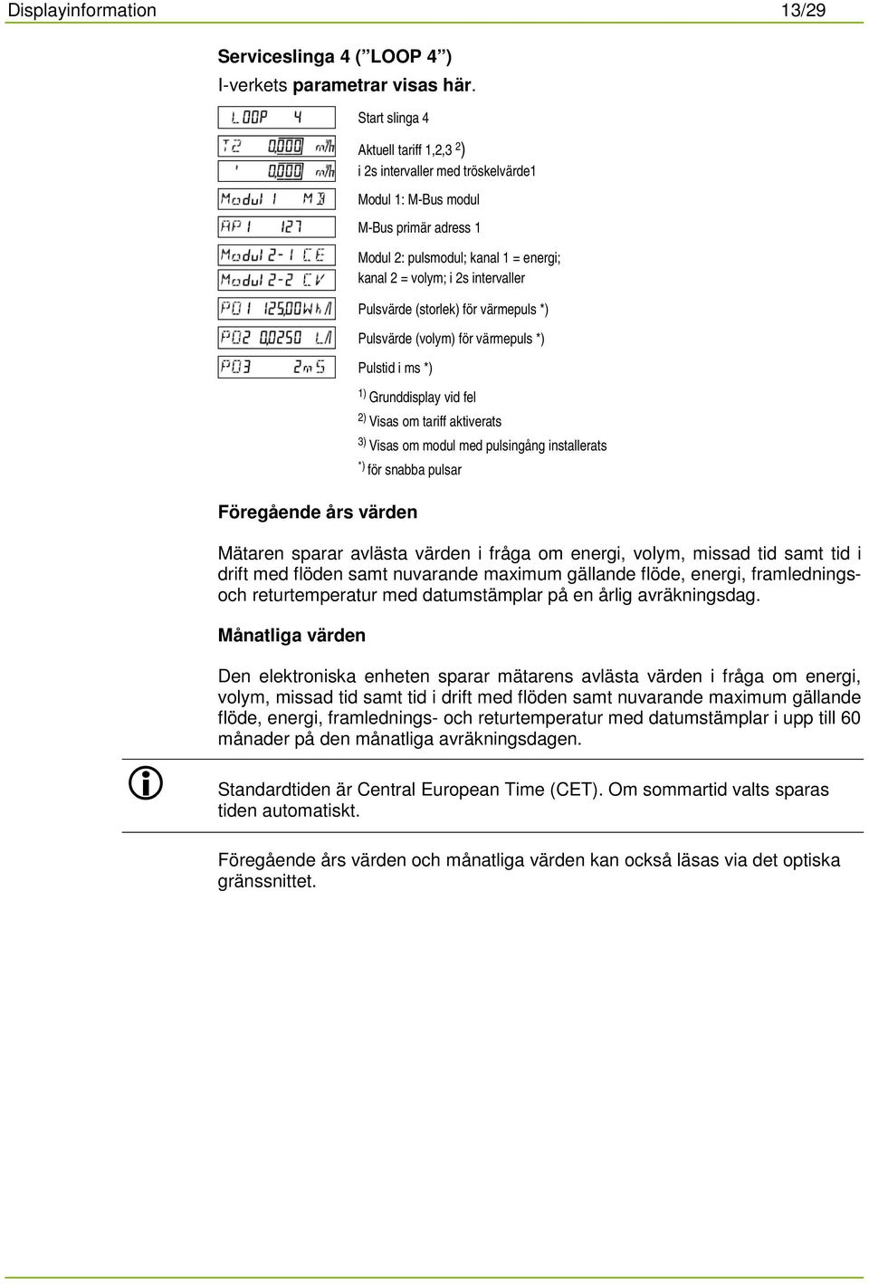 (storlek) för värmepuls *) Pulsvärde (volym) för värmepuls *) Pulstid i ms *) 1) Grunddisplay vid fel 2) Visas om tariff aktiverats 3) Visas om modul med pulsingång installerats *) för snabba pulsar