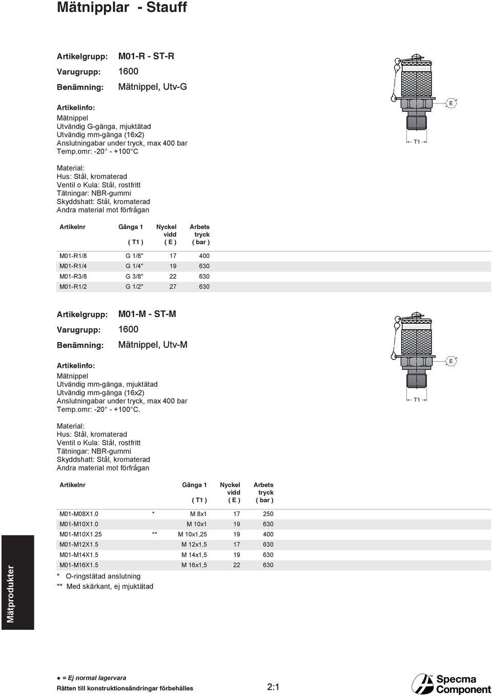 M01-R1/4 G 1/4" 19 630 M01-R3/8 G 3/8" 22 630 M01-R1/2 G 1/2" 27 630 M01-M - ST-M Mätnippel, Utv-M Mätnippel Utvändig mm-gänga, mjuktätad Utvändig mm-gänga (16x2) Anslutningabar under, max 400 bar