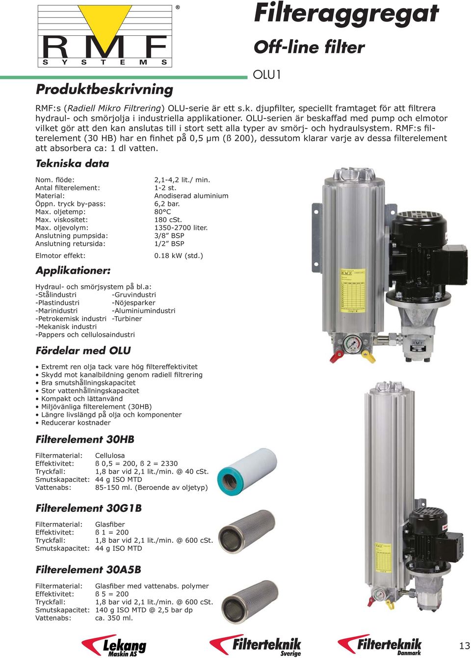 RMF:s filterelement (30 HB) har en finhet på 0,5 µm (ß 200), dessutom klarar varje av dessa filterelement att absorbera ca: 1 dl vatten. Tekniska data Nom. flöde: 2,1-4,2 lit./ min.