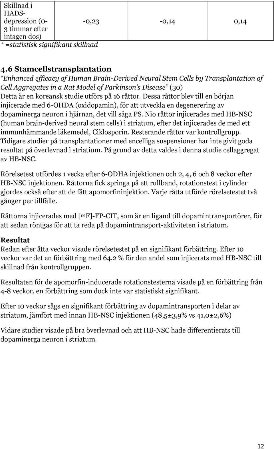 utförs på 16 råttor. Dessa råttor blev till en början injicerade med 6-OHDA (oxidopamin), för att utveckla en degenerering av dopaminerga neuron i hjärnan, det vill säga PS.