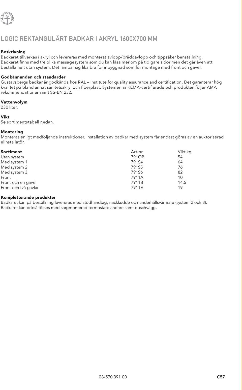 Det lämpar sig lika bra för inbyggnad som för montage med front och gavel. Godkännanden och standarder Gustavsbergs badkar är godkända hos RAL Institute for quality assurance and certification.