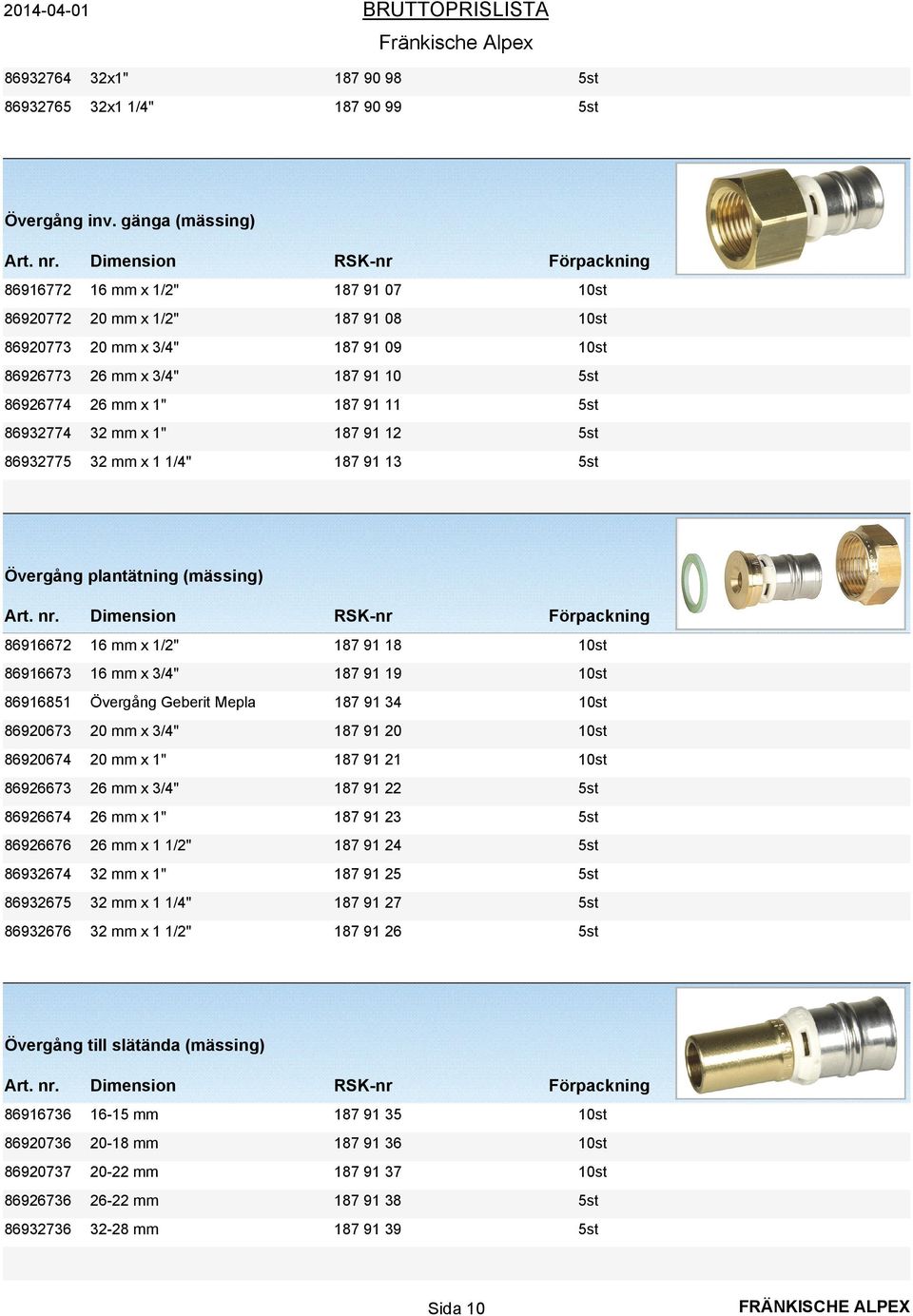 86932774 32 mm x 1" 187 91 12 5st 86932775 32 mm x 1 1/4" 187 91 13 5st Övergång plantätning (mässing) 86916672 16 mm x 1/2" 187 91 18 10st 86916673 16 mm x 3/4" 187 91 19 10st 86916851 Övergång